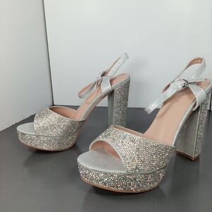 Silver Rhinestone Platform Heels Sparkly Bridal Wedding Prom Dress Sandals Size.